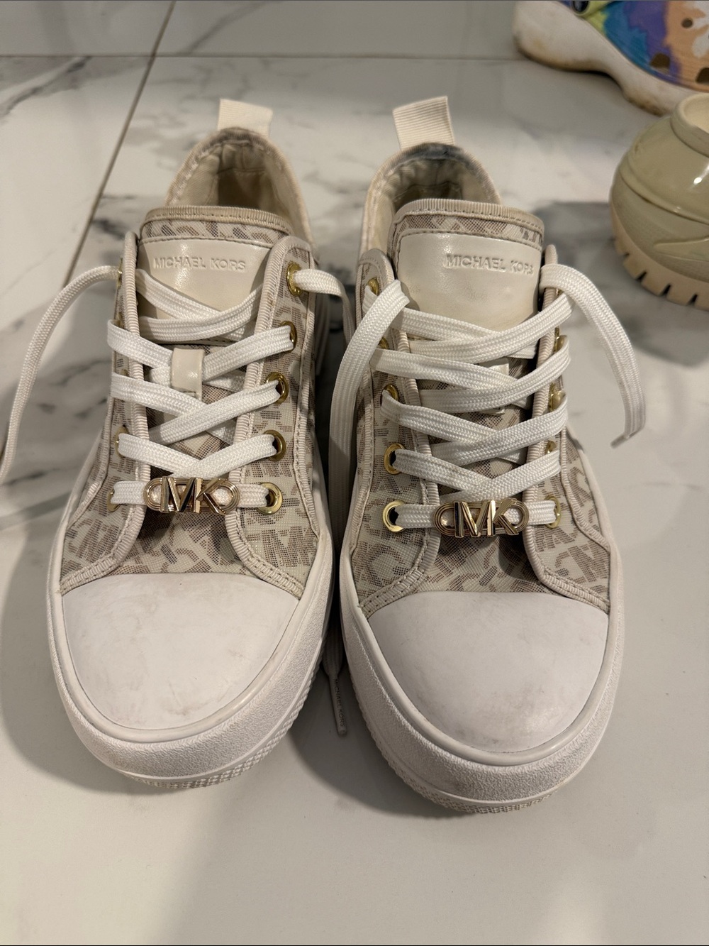 Michael Kors Beige and White Logo Low-Top Sneakers